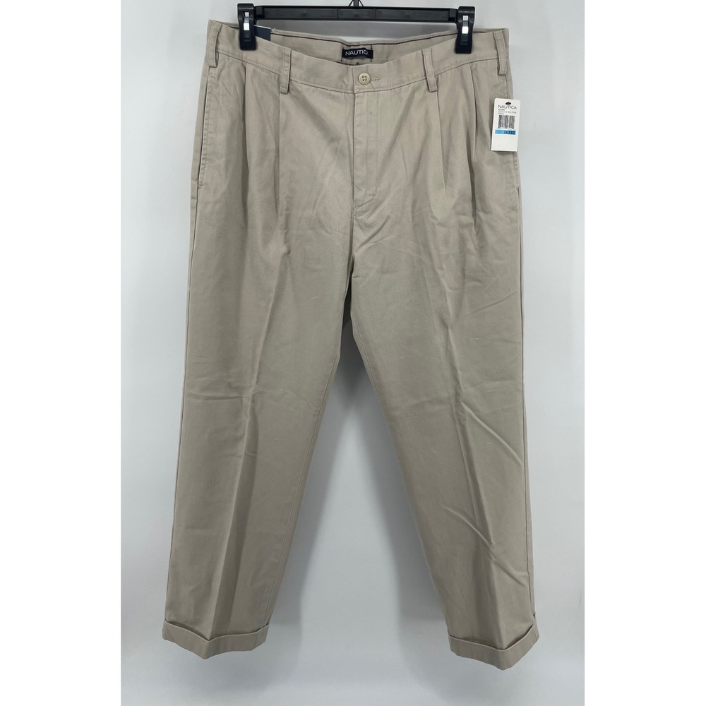 Nautica True Khaki Pants Men 36x30 True Stone Pleated Cuffed Chinos Preppy NWT